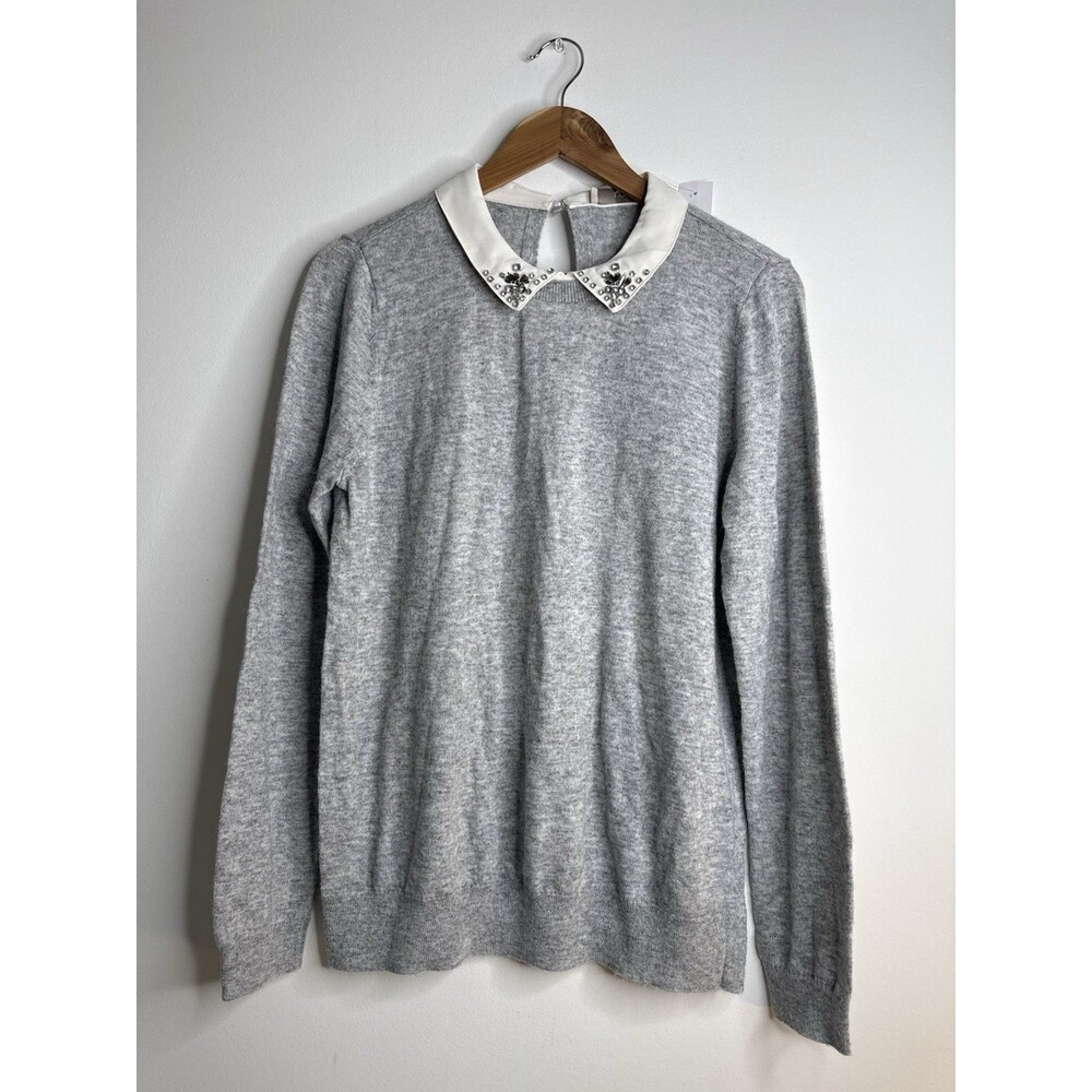 LOFT Gray Sweater Jeweled Embellished Peter Pan Collar Knit Top L